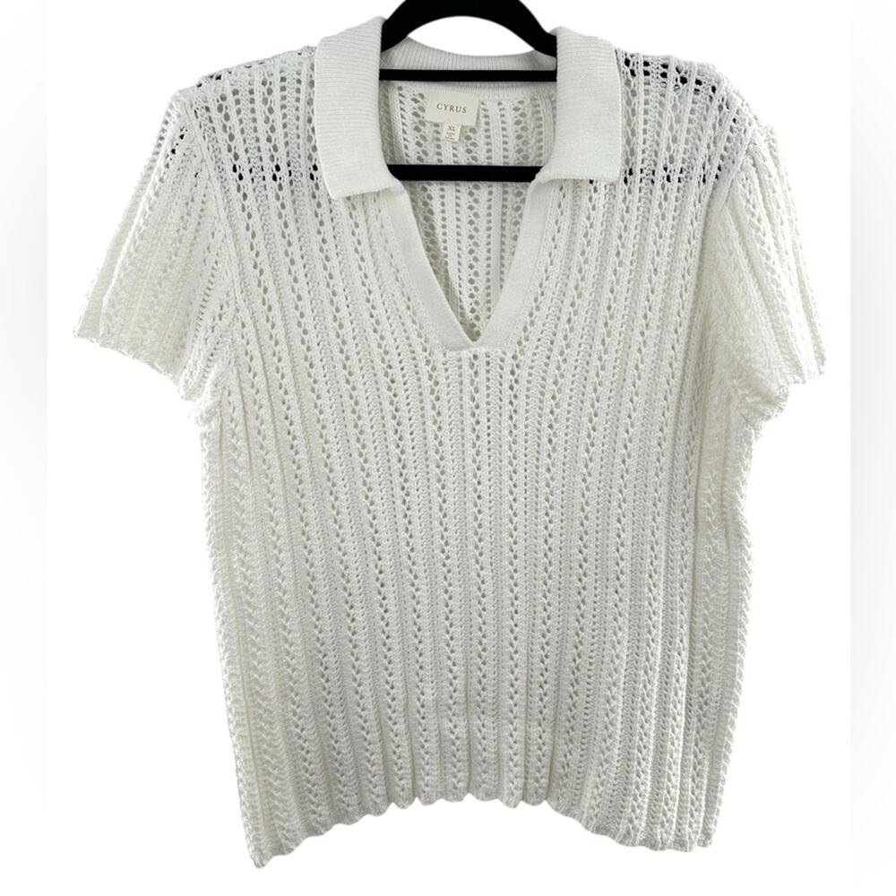 Cyrus White Coastal Open Knit Collared Short Sleeve Luxury Sweater Size XL